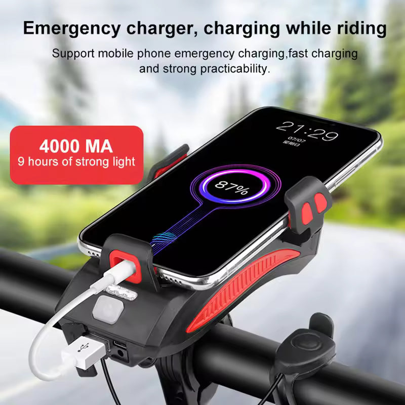 Multi-Function 4 in 1 Bicycle Light Flashlight Bike Horn Alarm Bell Phone Holder Power Bank Bike Accessories Cycling Front Light