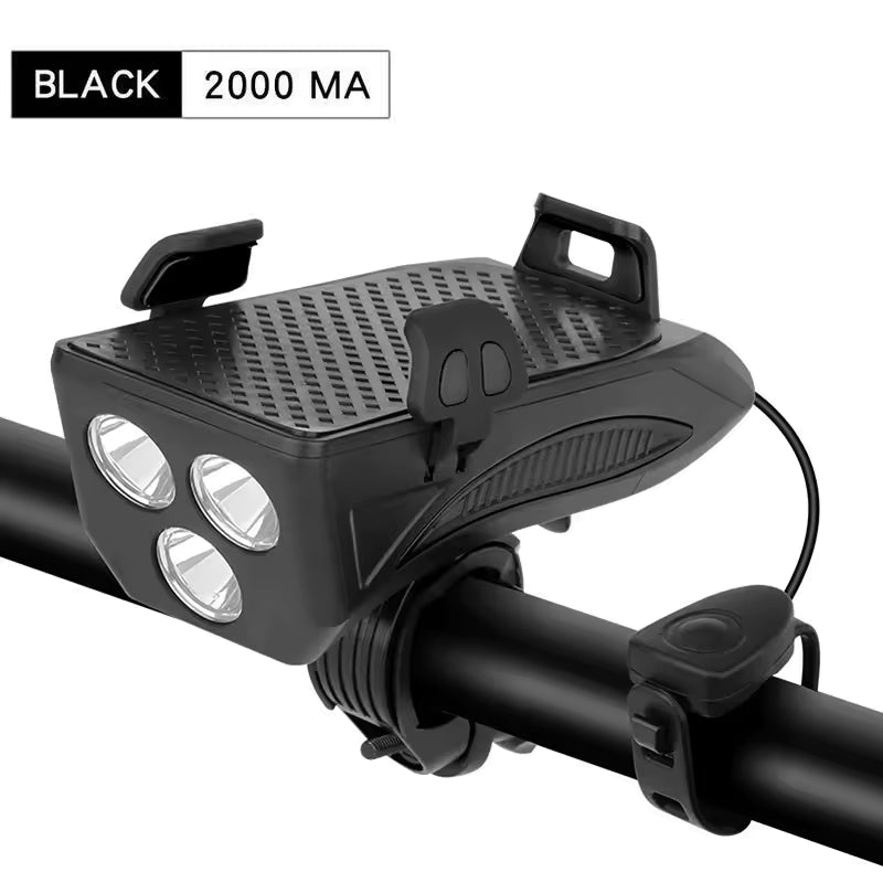 Multi-Function 4 in 1 Bicycle Light Flashlight Bike Horn Alarm Bell Phone Holder Power Bank Bike Accessories Cycling Front Light