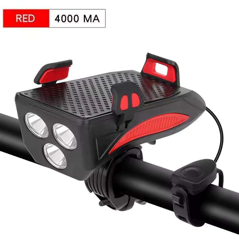 Multi-Function 4 in 1 Bicycle Light Flashlight Bike Horn Alarm Bell Phone Holder Power Bank Bike Accessories Cycling Front Light