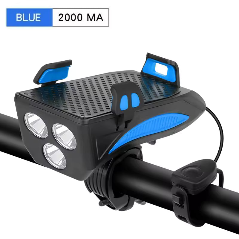 Multi-Function 4 in 1 Bicycle Light Flashlight Bike Horn Alarm Bell Phone Holder Power Bank Bike Accessories Cycling Front Light