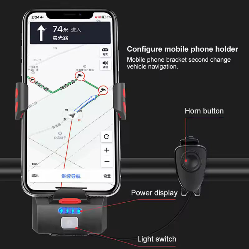 Multi-Function 4 in 1 Bicycle Light Flashlight Bike Horn Alarm Bell Phone Holder Power Bank Bike Accessories Cycling Front Light