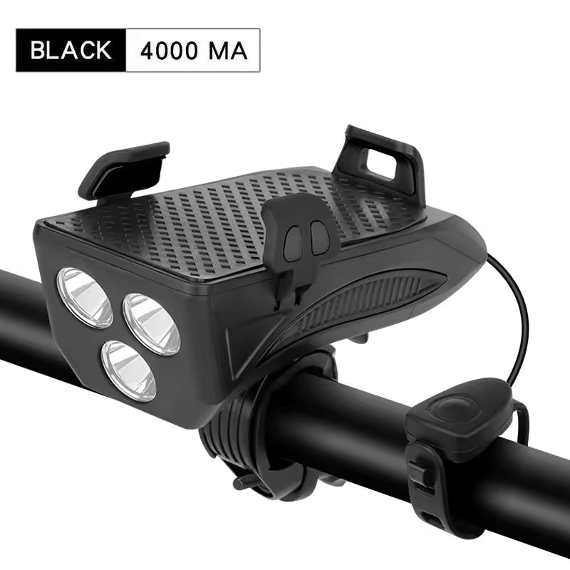 Multi-Function 4 in 1 Bicycle Light Flashlight Bike Horn Alarm Bell Phone Holder Power Bank Bike Accessories Cycling Front Light