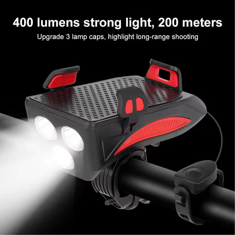 Multi-Function 4 in 1 Bicycle Light Flashlight Bike Horn Alarm Bell Phone Holder Power Bank Bike Accessories Cycling Front Light