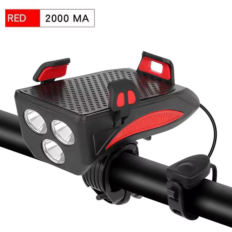 Multi-Function 4 in 1 Bicycle Light Flashlight Bike Horn Alarm Bell Phone Holder Power Bank Bike Accessories Cycling Front Light