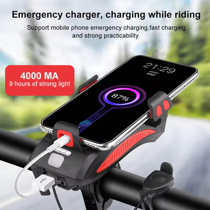 Multi-Function 4 in 1 Bicycle Light Flashlight Bike Horn Alarm Bell Phone Holder Power Bank Bike Accessories Cycling Front Light