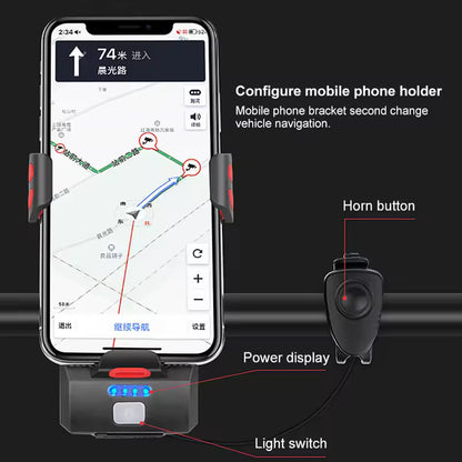 Multi-Function 4 in 1 Bicycle Light Flashlight Bike Horn Alarm Bell Phone Holder Power Bank Bike Accessories Cycling Front Light